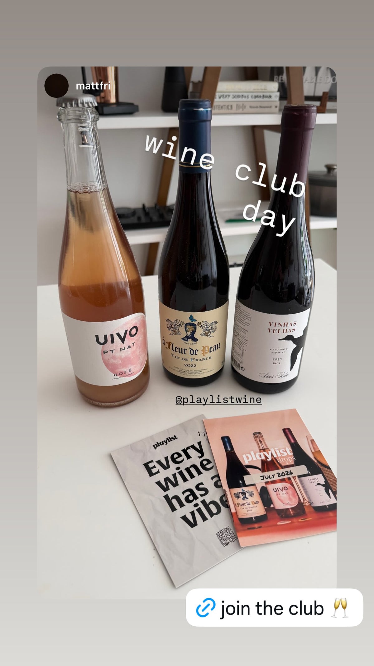 Member Instagram story: three Playlist Wine Club bottles and the drop guide on wine club day